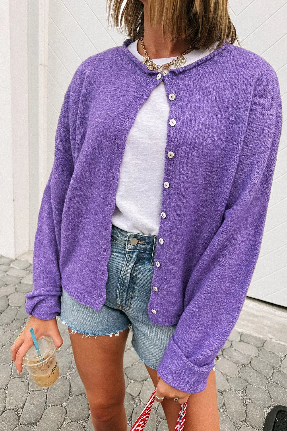 Round Neck Button-Down Knit Cardigan Lavender OutfitFlow
