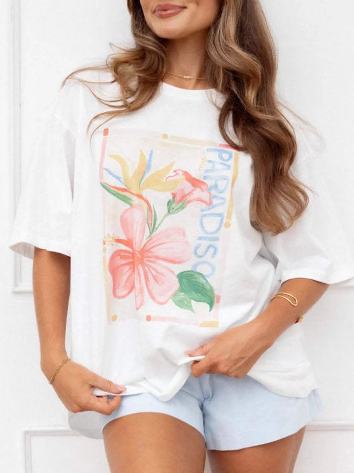 Graphic Round Neck Short Sleeve T-Shirt OutfitFlow