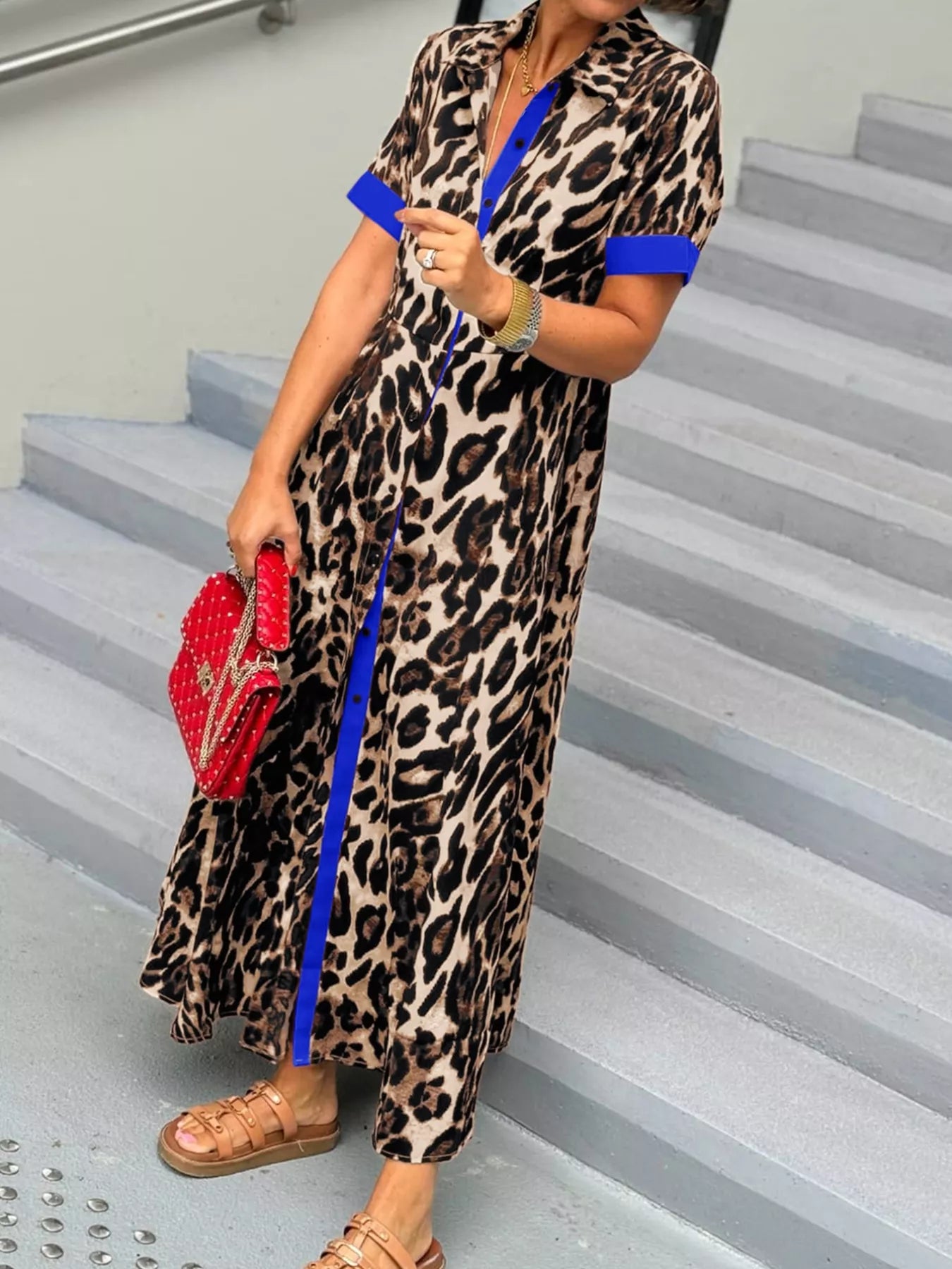 Leopard Print Button-Down Dress with Contrast Trim OutfitFlow