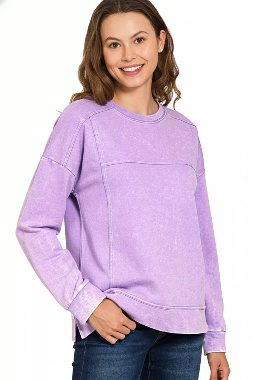 Zenana Acid Wash French Terry Exposed-Seam Pullover OutfitFlow