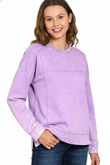 Zenana Acid Wash French Terry Exposed-Seam Pullover OutfitFlow