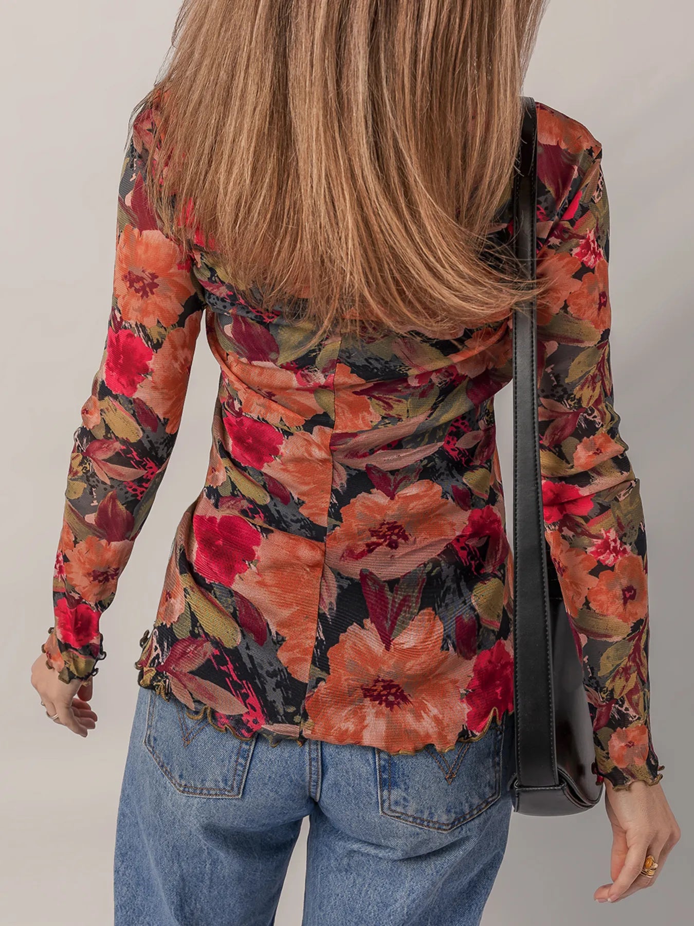 Multicolour Floral Print Lettuce Trim Long Sleeve Mesh Top OutfitFlow