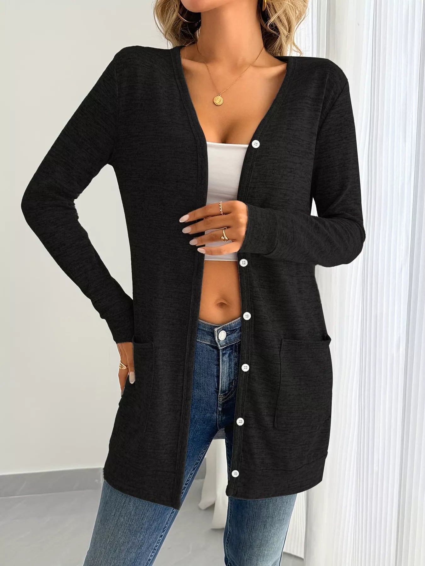 Open Front Longline Cardigan with Side Pockets OutfitFlow