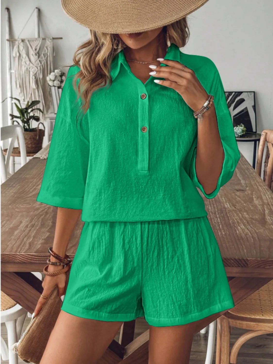Collared Neck Half Sleeve Top and Shorts Set OutfitFlow