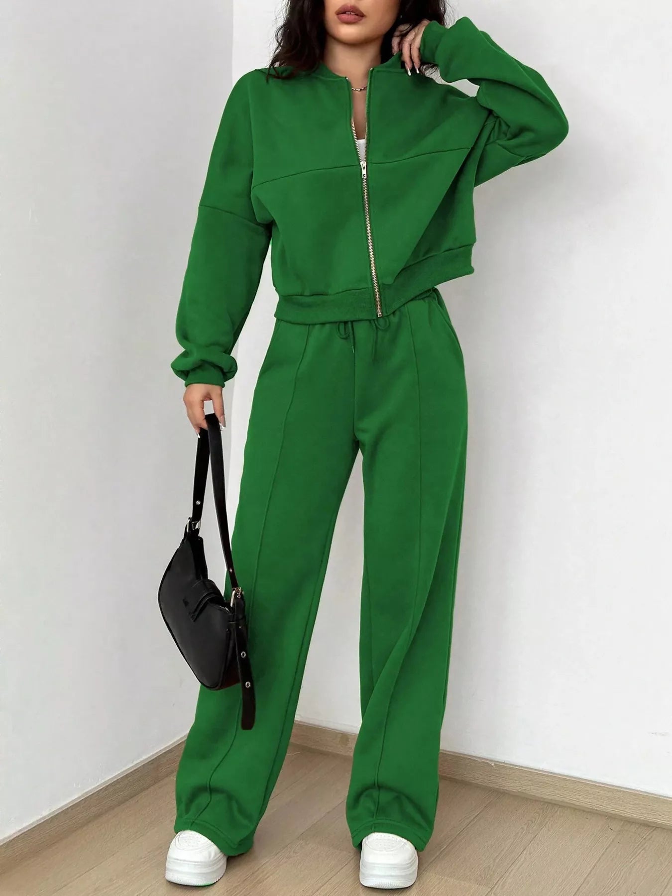 Casual Solid Color Zipper Jacket and Wide Leg Pants Set OutfitFlow