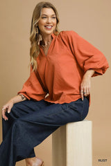 Umgee Textured Notched Balloon Sleeve Blouse with Scalloped Hem OutfitFlow