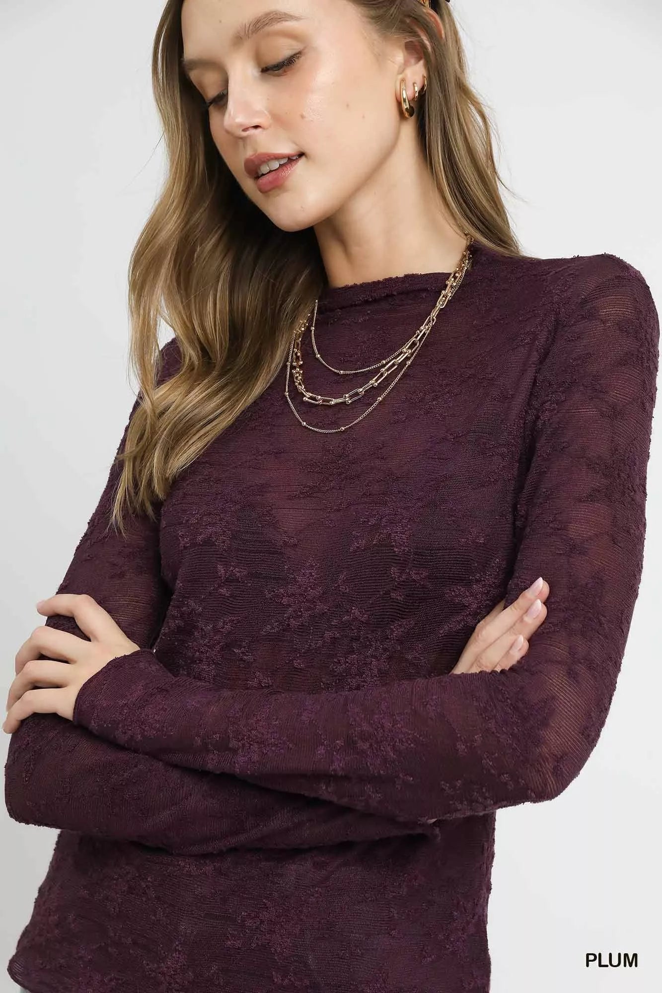 Umgee Lace Sheer Long Sleeve Top OutfitFlow