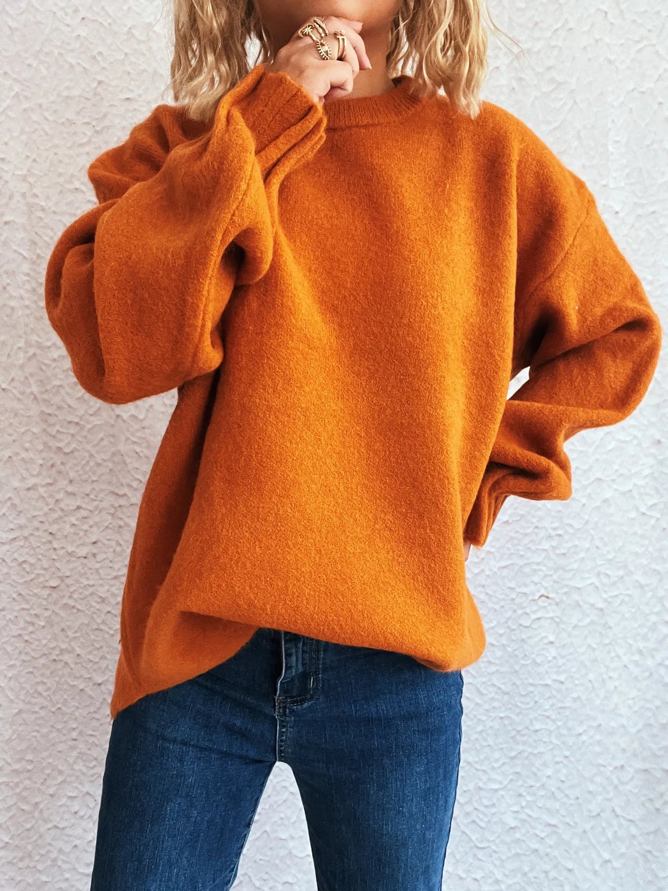 Round Neck Dropped Shoulder Sweater OutfitFlow