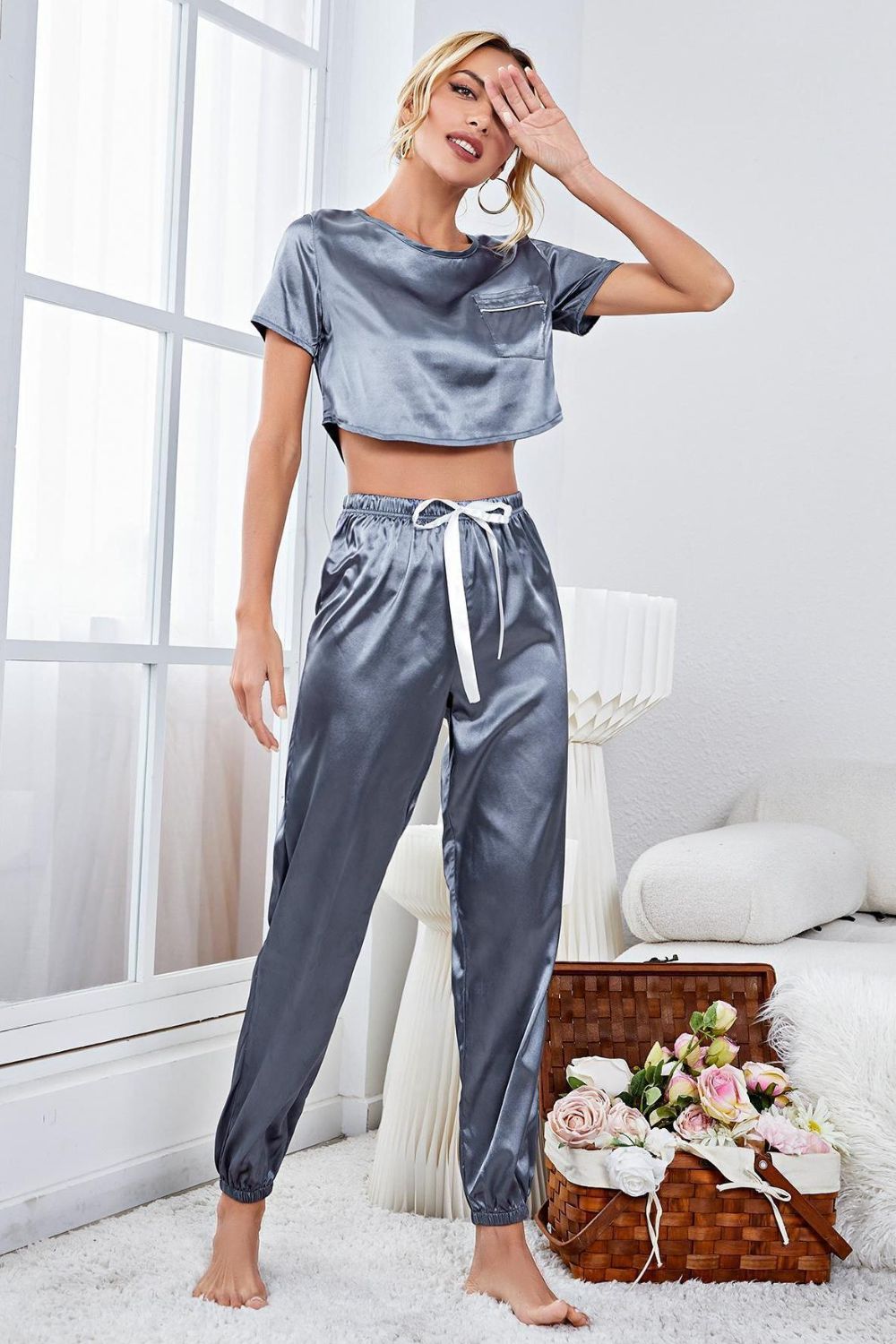 Outfit Flow - Satin Short Sleeve Crop Top and Joggers Lounge Set