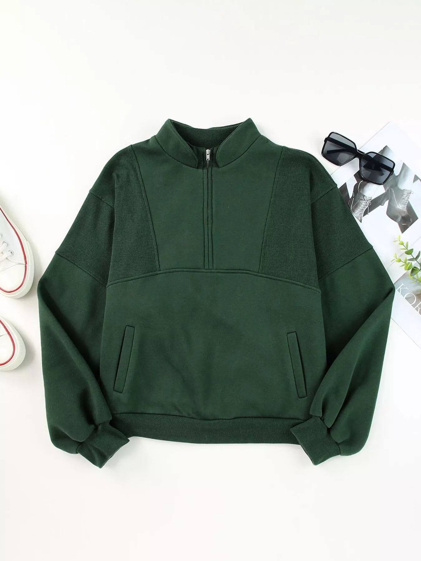 Half Zip Stand Collar Exposed Seam Solid Color Casual Sweatshirt OutfitFlow