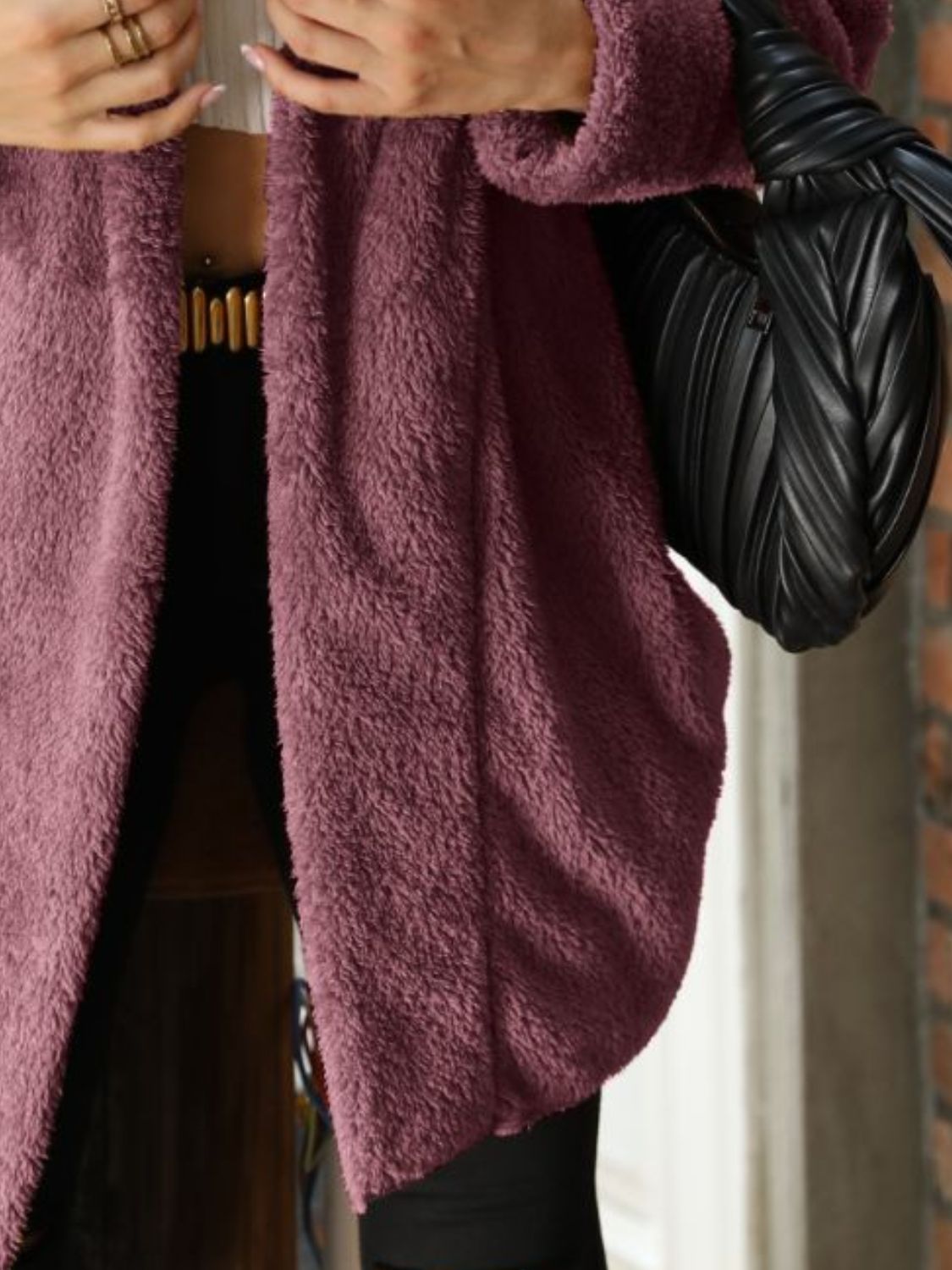 Open Front Hooded Teddy Coat OutfitFlow