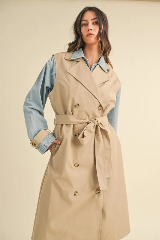 MABLE Layered Look Trench Coat With Denim Jacket Taupe Trendsi