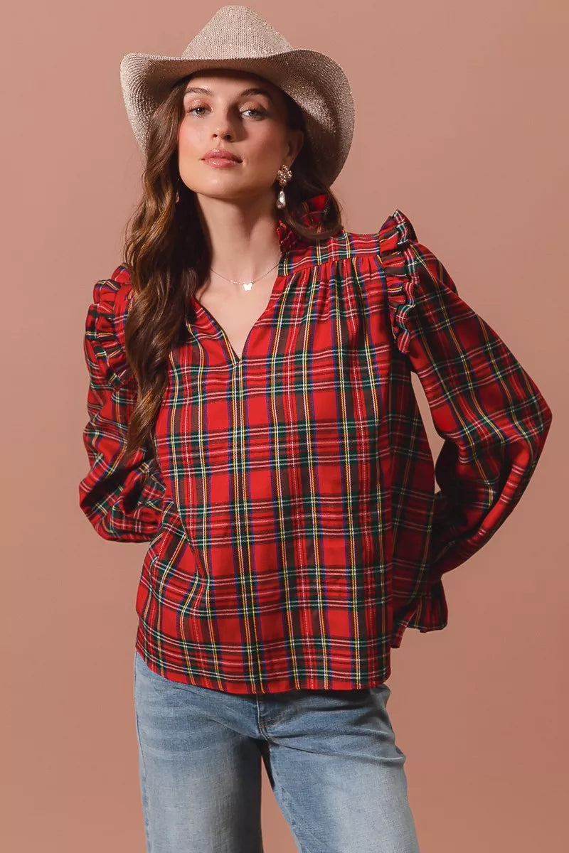 SO ME Christmas Checkered Plaid Smocked Blouse OutfitFlow