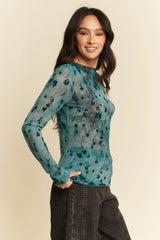 Davi & Dani Floral Mesh Long Sleeve Sheer Layering Top OutfitFlow