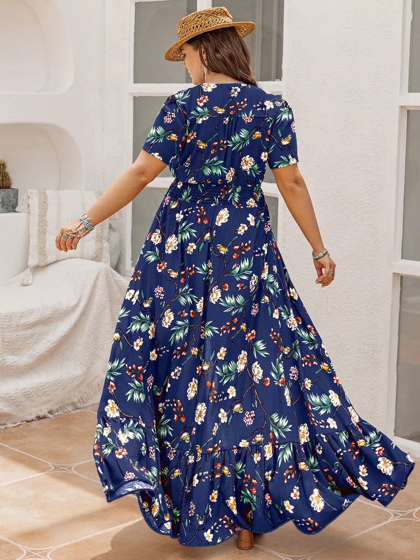 Plus Size Floral V-Neck Short Sleeve Maxi Dress OutfitFlow