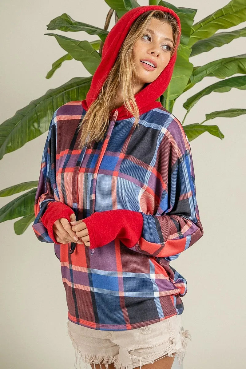 BiBi Plaid Mirr Brushed Rib Contrast Thumb Open Hoodie OutfitFlow
