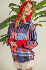 BiBi Plaid Mirr Brushed Rib Contrast Thumb Open Hoodie OutfitFlow