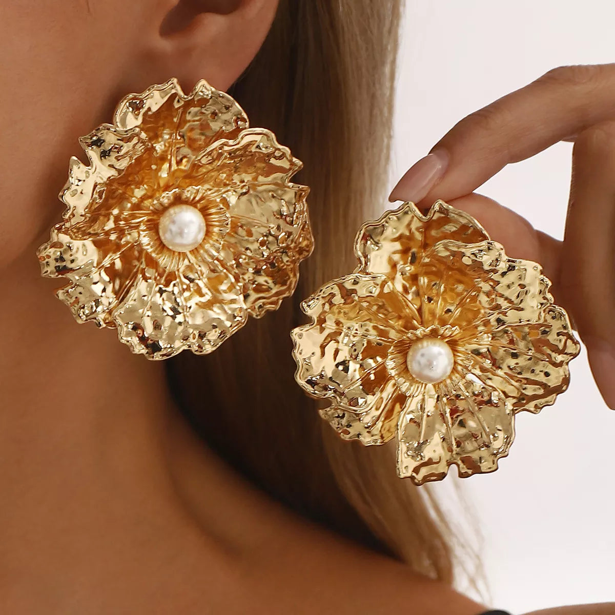 Gold Textured Flower Pearl Center Statement Earrings Gold One Size OutfitFlow