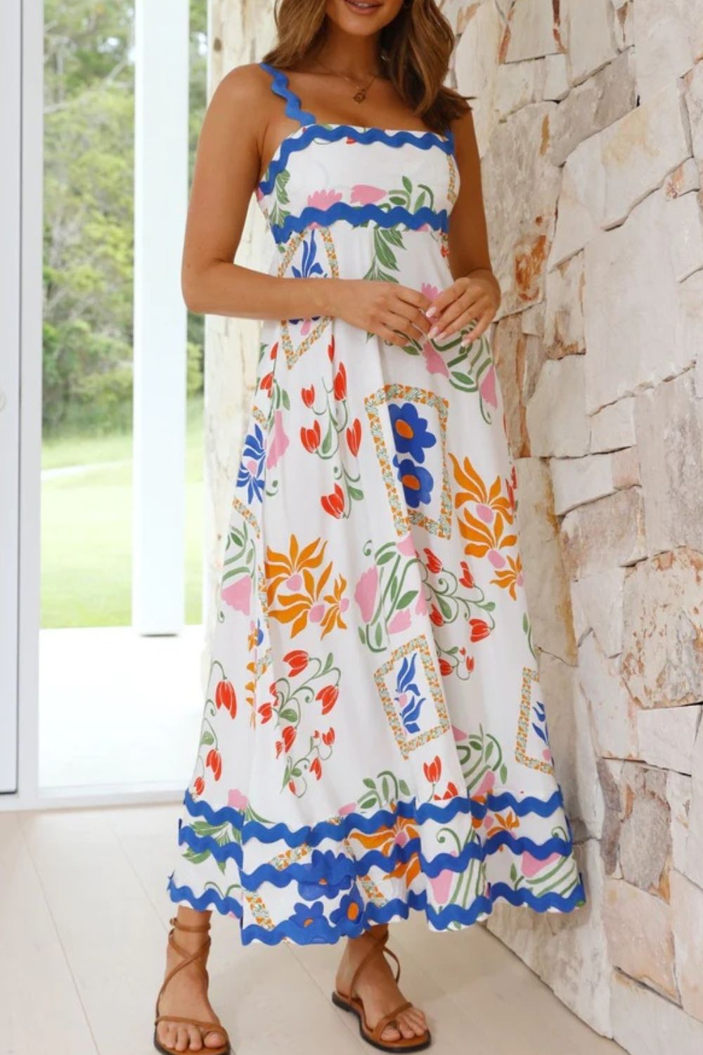Printed Square Neck Wide Strap Midi Dress OutfitFlow