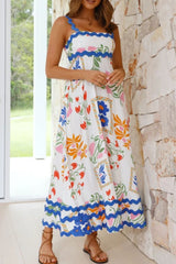 Printed Square Neck Wide Strap Midi Dress OutfitFlow
