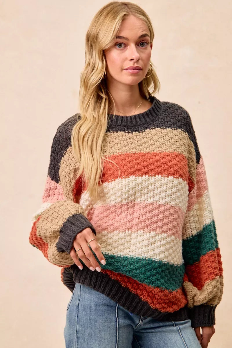 BiBi Stripes Color Block Chunky Sweater OutfitFlow