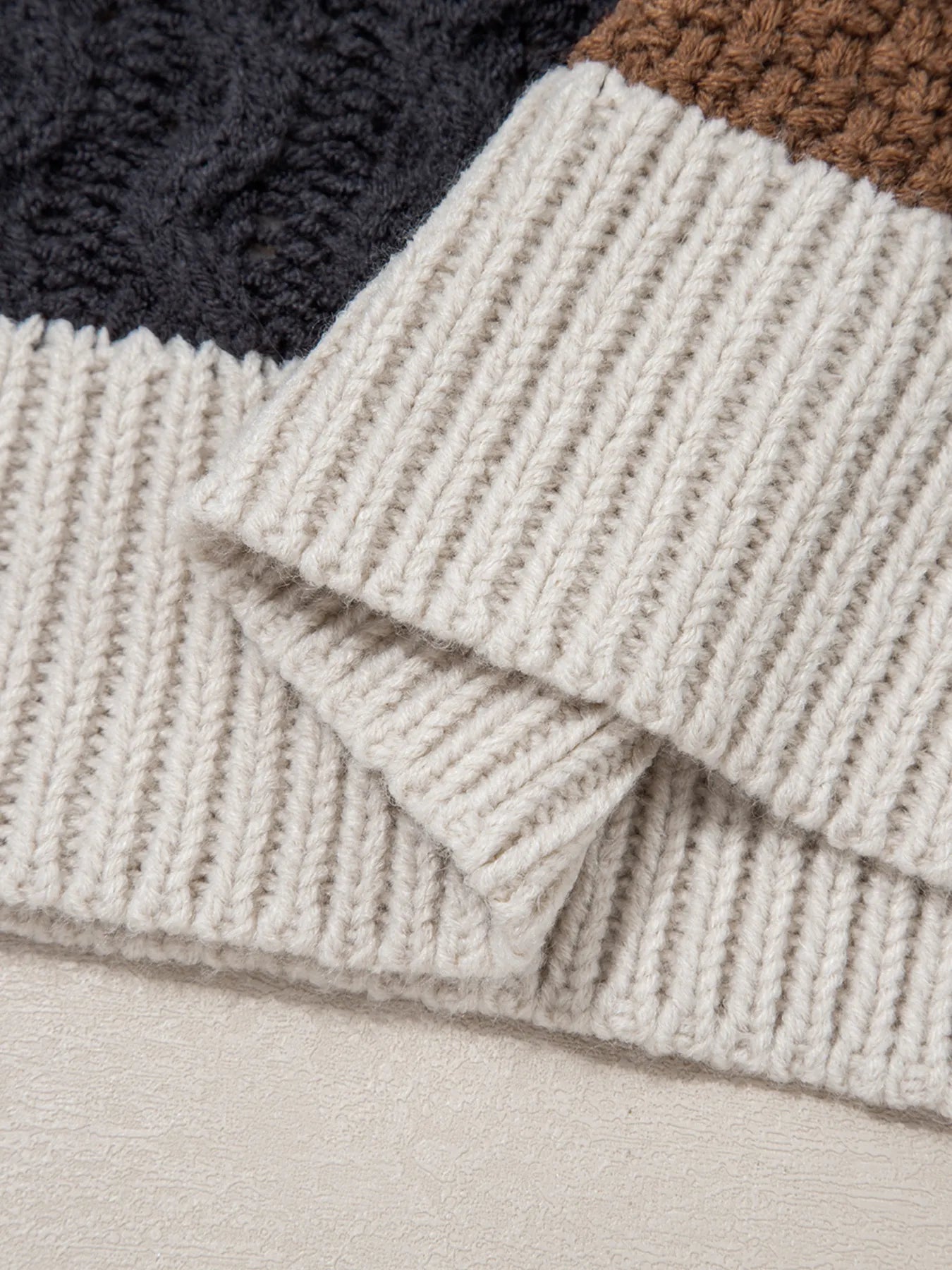 Multicolour Color Block Cable Knit Sleeve Buttons Collared Sweater OutfitFlow