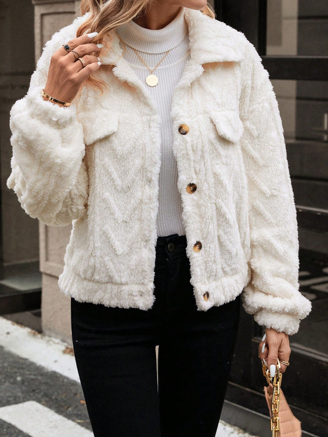 Outfit Flow - Button Up Long Sleeve Fuzzy Outerwear