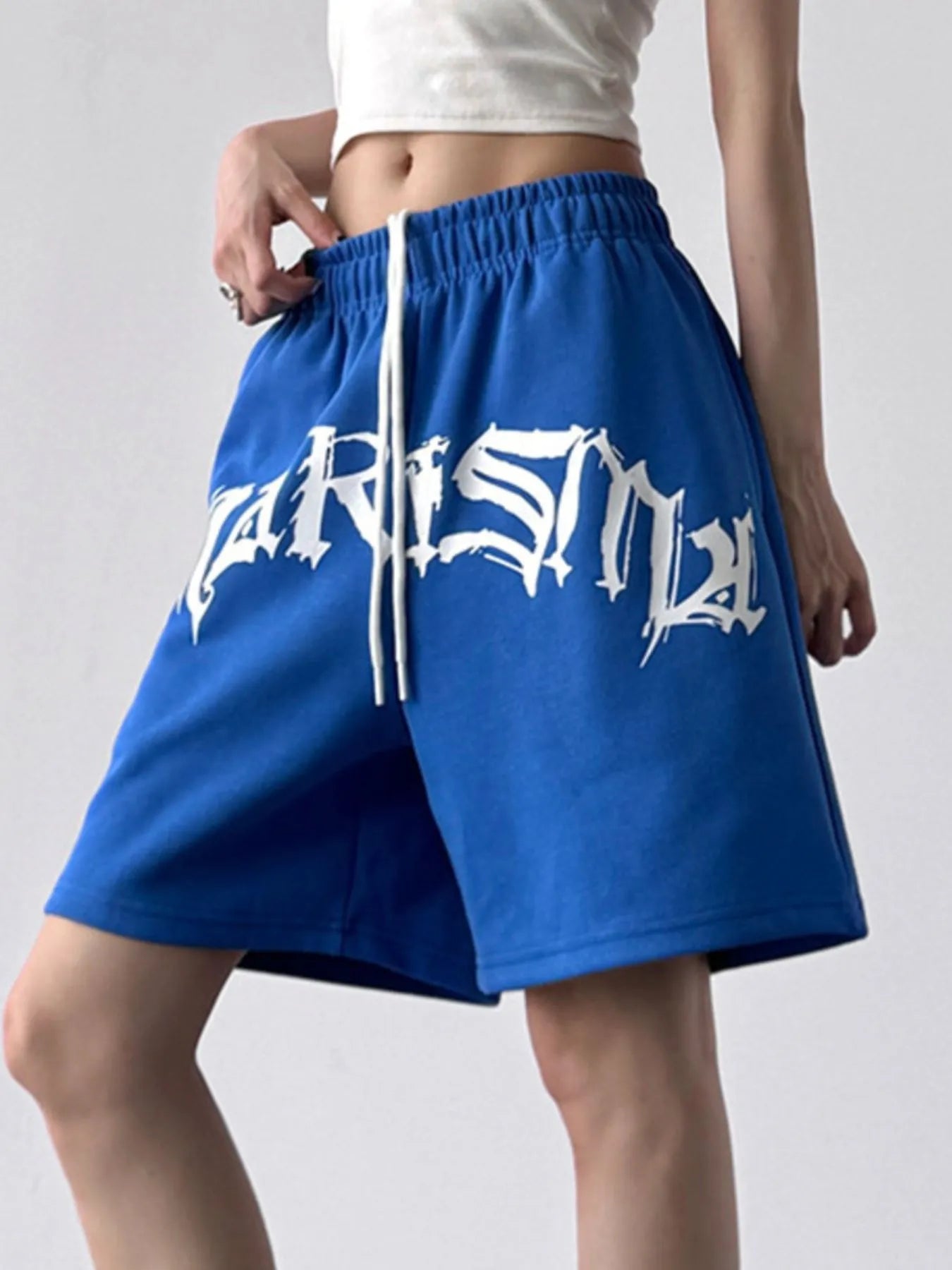 Oversized Drawstring Letter Shorts Blue OutfitFlow