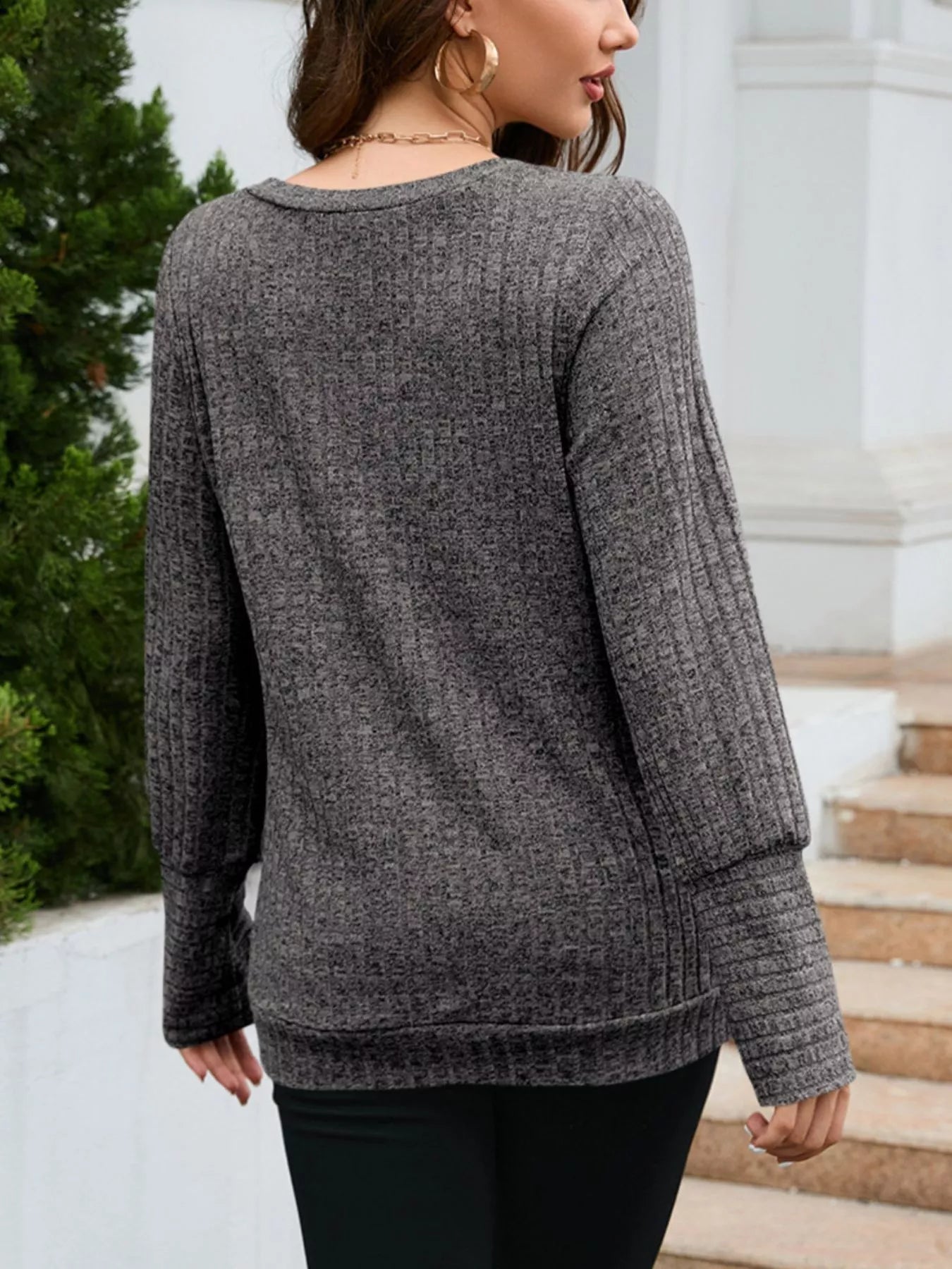 V-Neck Textured Knit Long Sleeve T-Shirt OutfitFlow