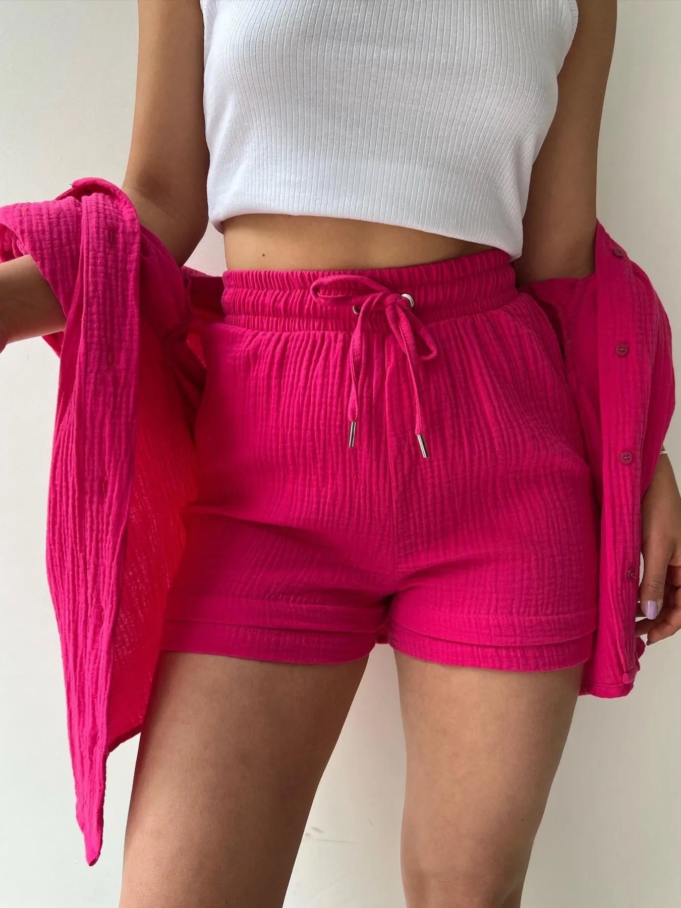 Textured Button Up Shirt and Shorts Set OutfitFlow