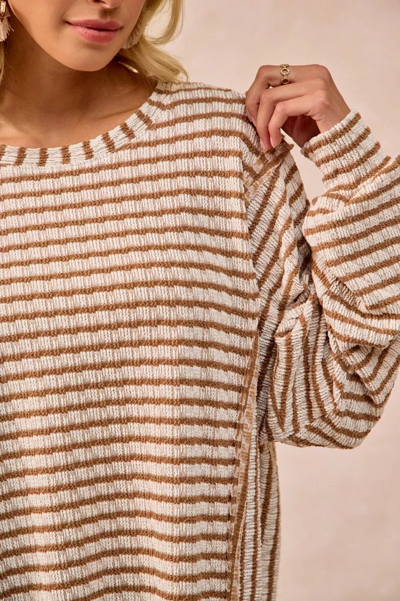 BiBi Open Seam Detail Textured Stripe Knit Top OutfitFlow