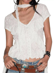 Ruffle Trimmed V-Neck Short Sleeve Lace Top OutfitFlow