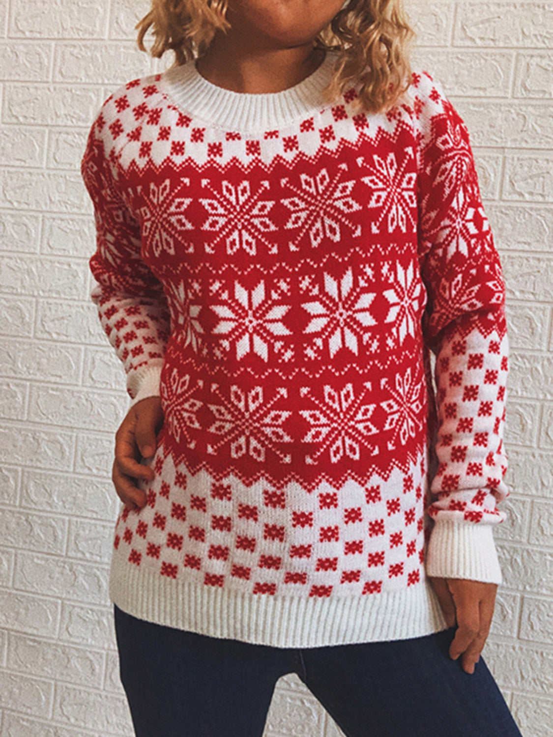Snowflake Pattern Long Sleeve Sweater OutfitFlow