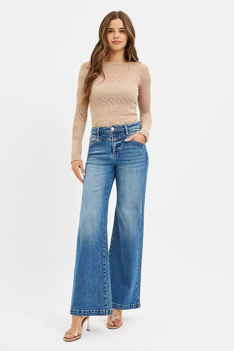 RISEN High Rise Wide Leg Jenas with Front Yoke and Heart Back Pocket OutfitFlow
