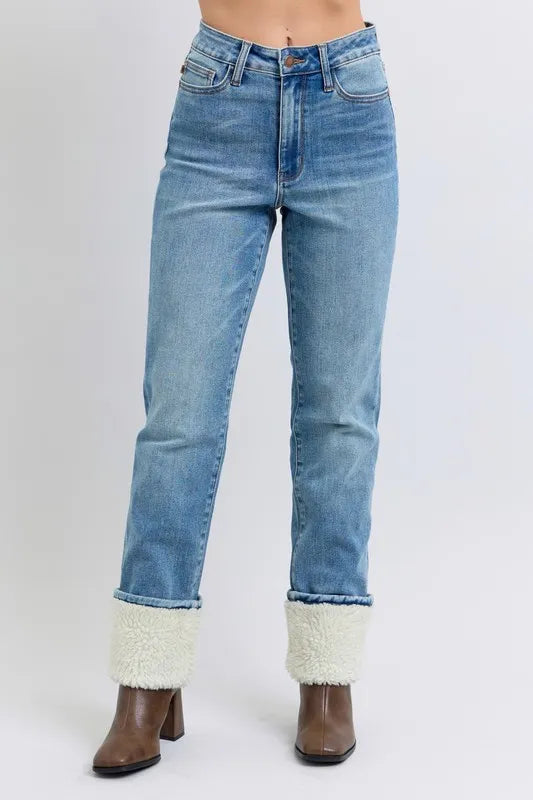 Judy Blue Full Size High Waist Shearling Cuff Straight Plus Size OutfitFlow