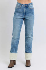 Judy Blue Full Size High Waist Shearling Cuff Straight Plus Size OutfitFlow