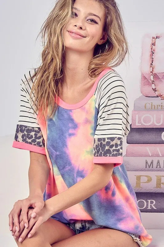 BiBi Tie Dye French Terry Top With Stripe Raglan CHARCOAL TIEDYE OutfitFlow