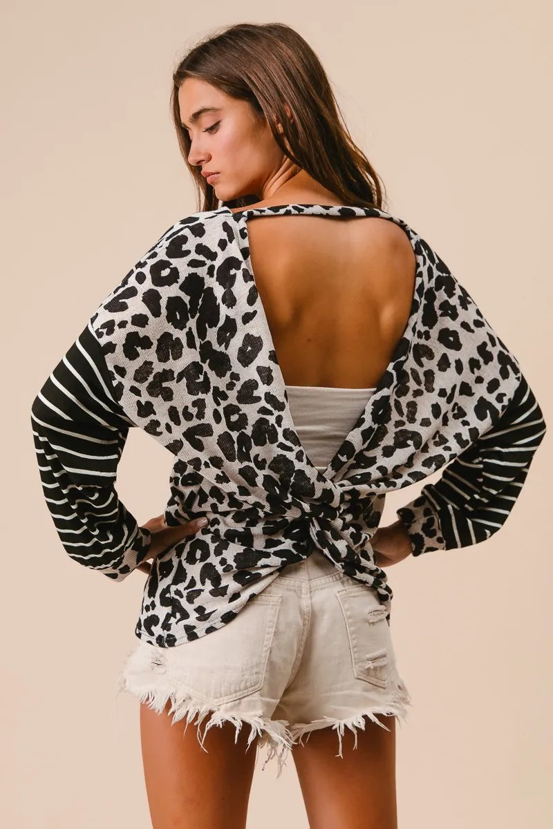 BiBi Leopard Hacci Knit Twist Back Top With Stripe Sleeve OutfitFlow