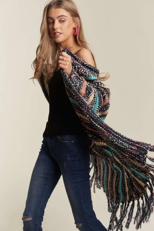 ADORA Multi Colour Sweater Long Cardigan with Fringes OutfitFlow