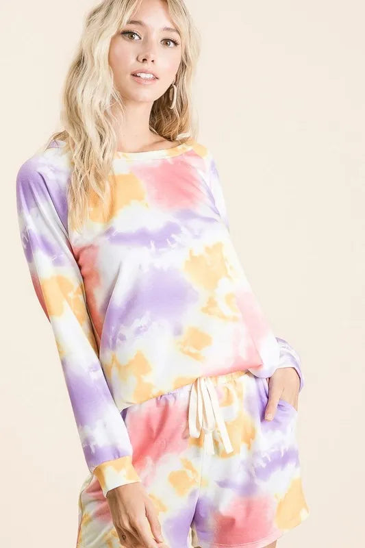 BiBi Tie Dye French Terry Top and Shorts Set OutfitFlow
