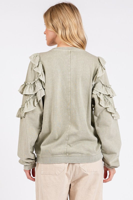Mittoshop Ruffled Mineral Washed Round Neck Long Sleeve Sweatshirt OutfitFlow