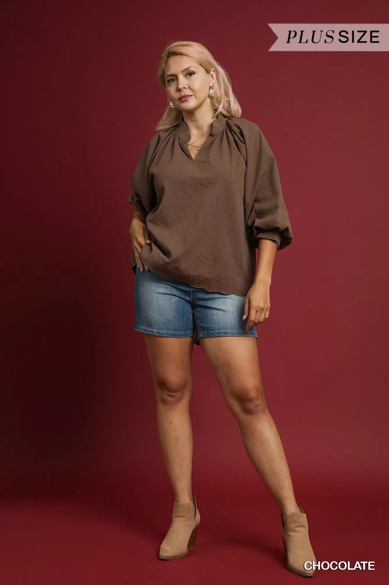 Umgee Full Size Textured Notched Balloon Sleeve Blouse Plus Size Trendsi