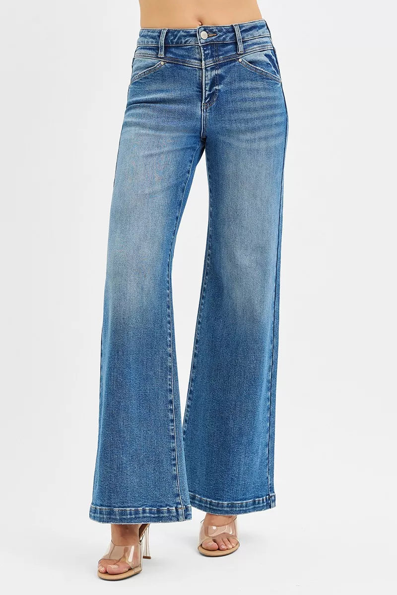 RISEN High Rise Wide Leg Jenas with Front Yoke and Heart Back Pocket MEDIUM OutfitFlow
