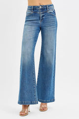 RISEN High Rise Wide Leg Jenas with Front Yoke and Heart Back Pocket MEDIUM OutfitFlow