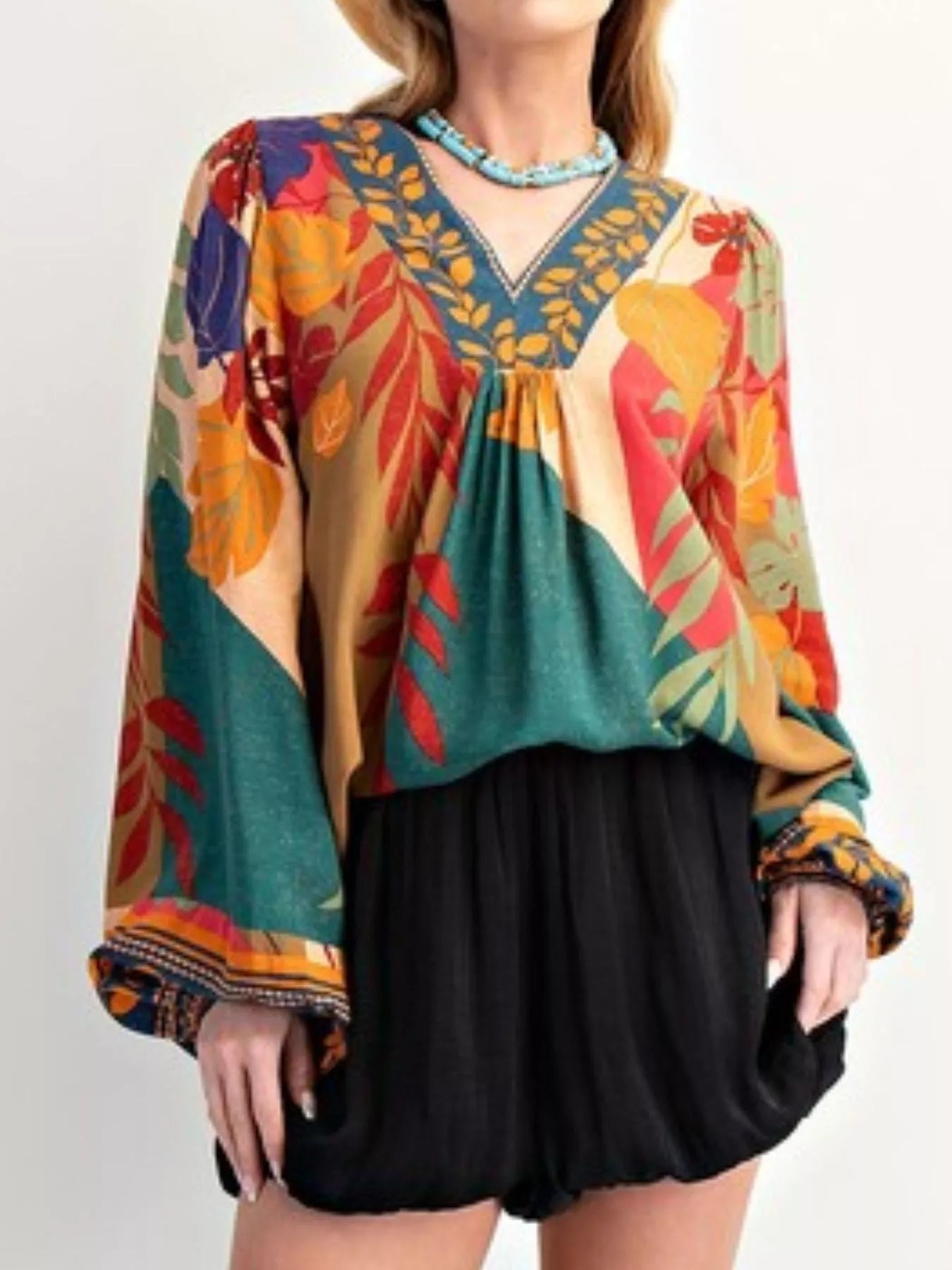 Tropical Print Balloon Sleeve Blouse OutfitFlow