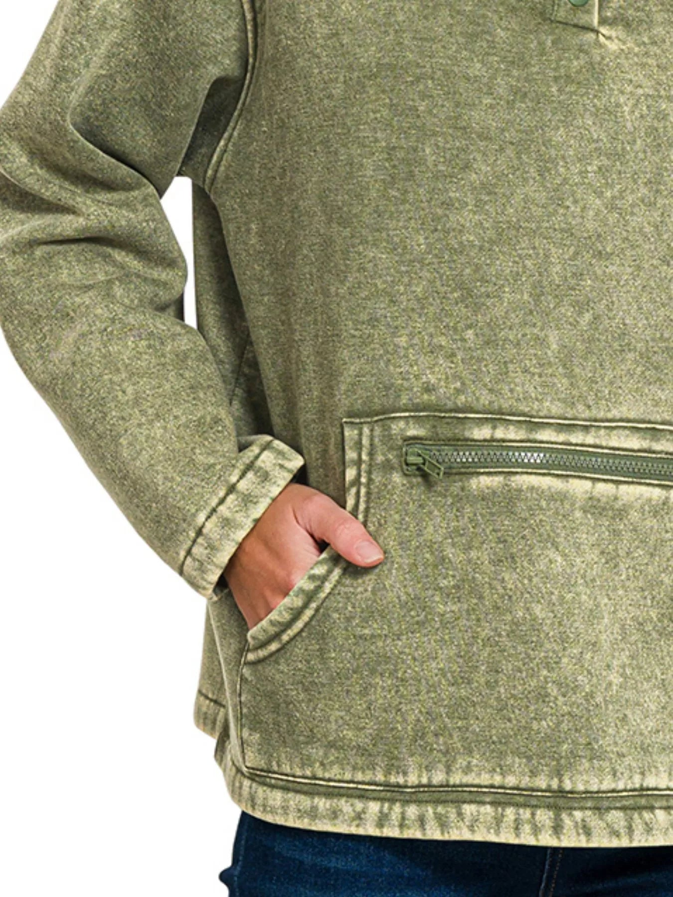 Zenana Fleece Washed High Neck Kangaroo Pocket Sweatshirt OutfitFlow