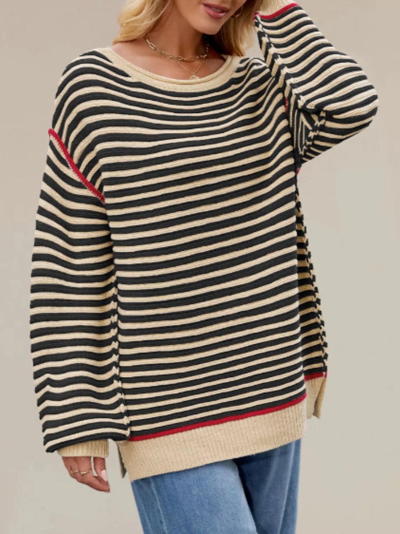 Slit Striped Oversized Sweater OutfitFlow