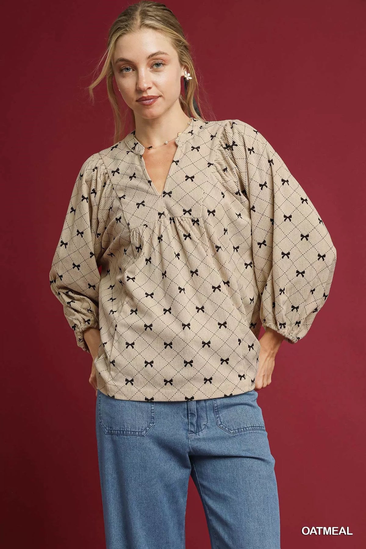 Umgee Corduroy Bow Print Balloon Sleeve Blouse OATMEAL Trendsi
