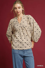 Umgee Corduroy Bow Print Balloon Sleeve Blouse OATMEAL Trendsi