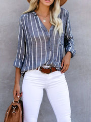Striped Print V Neck Half Buttons Loose Blouse OutfitFlow